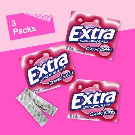 EXTRA Classic Bubble Sugarfree Chewing Gum, Multipack (3 Packs)